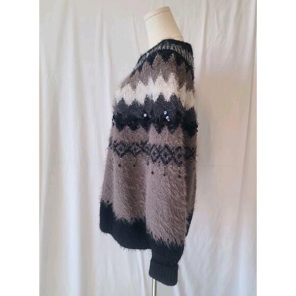Anthropologie Sleeping On Snow Gray Black Fair Isle Bubble Sleeve Sweater Large - Picture 5 of 7